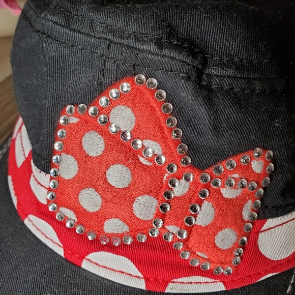 Minnie Mouse Hat Disney Parks Cap Cadet Red Polka Dot Bow Black Cotton Strapback - Picture 8 of 14